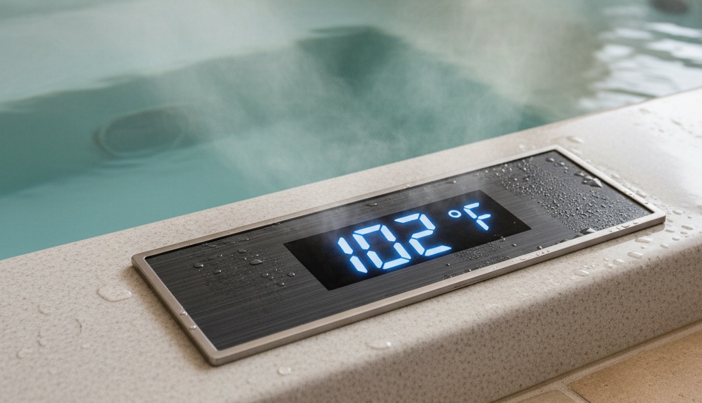 safe temperature Digital display showing hot tub water temperature set to 102 degrees Fahrenheit